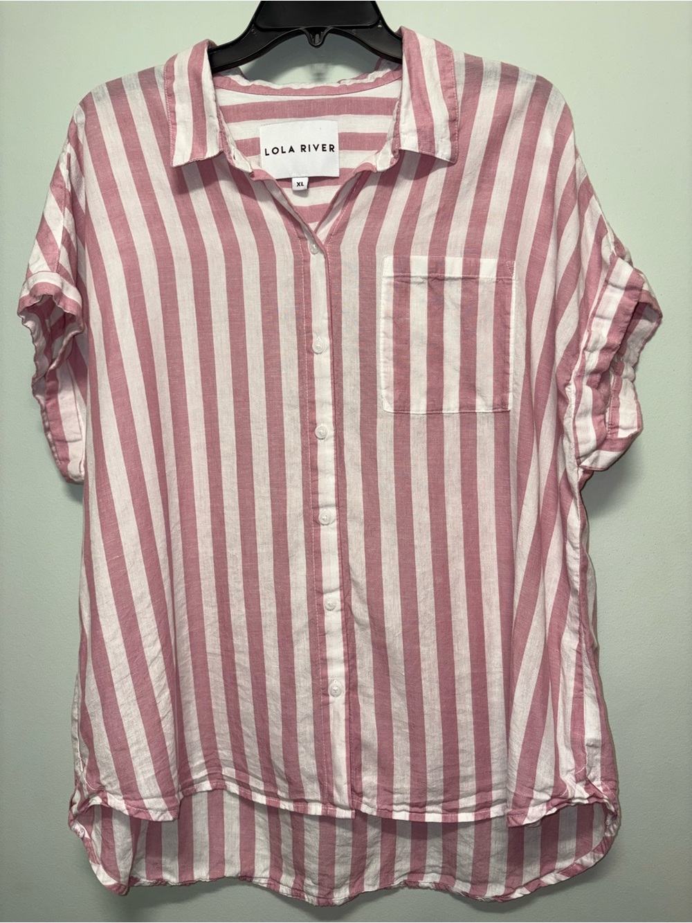 Lola River Linen Blend Pink & White Striped Button-Up Pocket Camp Shirt XL